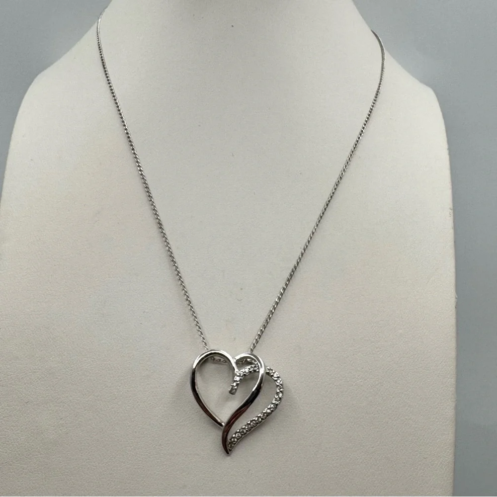 Sterling Silver Double Heart CZ Pendant Necklace 18”